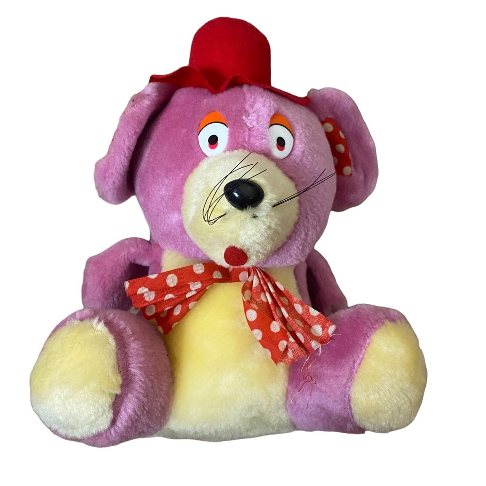 Vintage 1960s B J Toy Co Hard Stuffed Plush pink Mouse Red Hat Tie Whiskers 9"